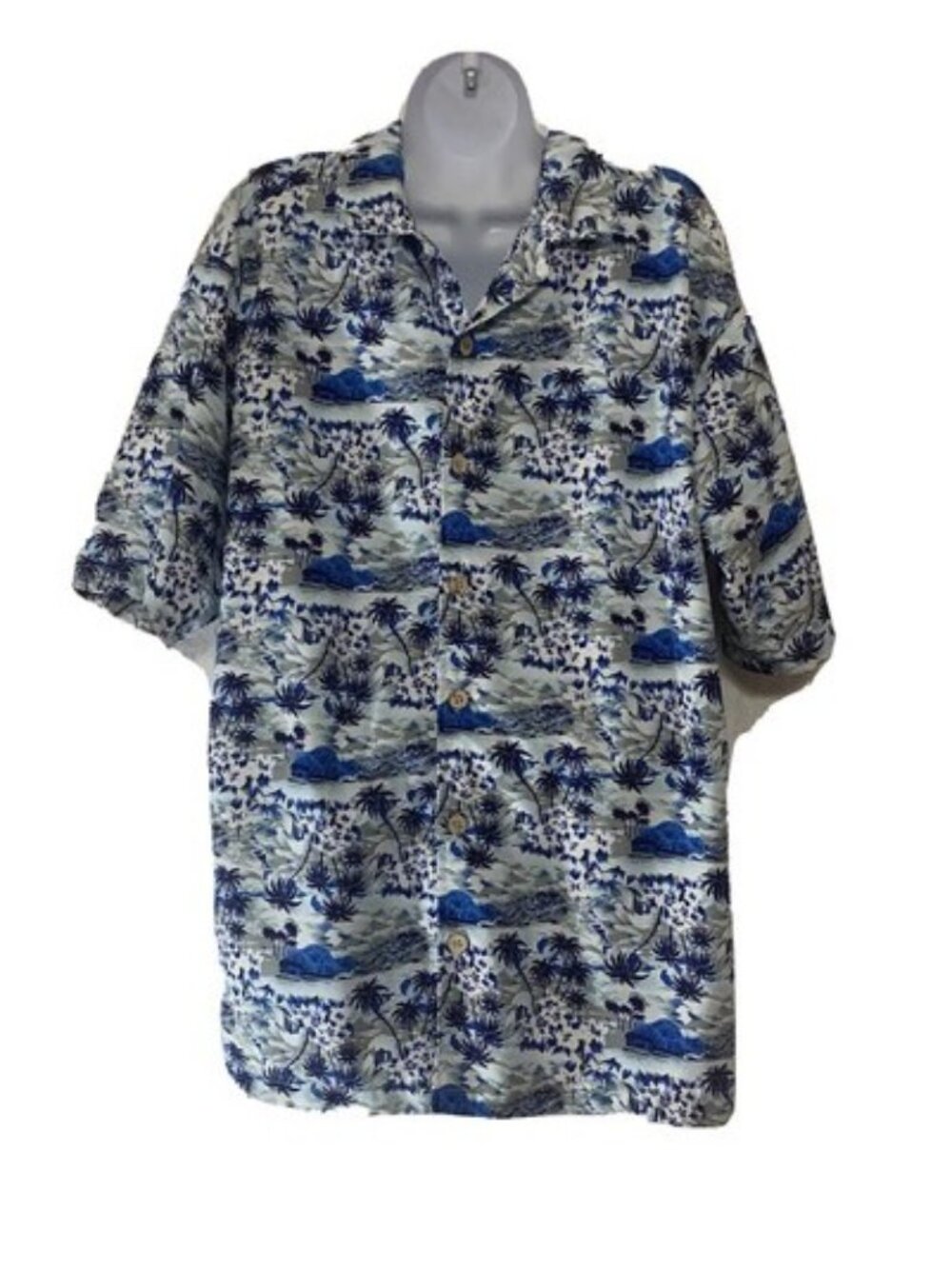 Vintage ODO Hawaiian Shirt Aloha Floral Blue Palms Men’s Sz Large Made USA 90’s